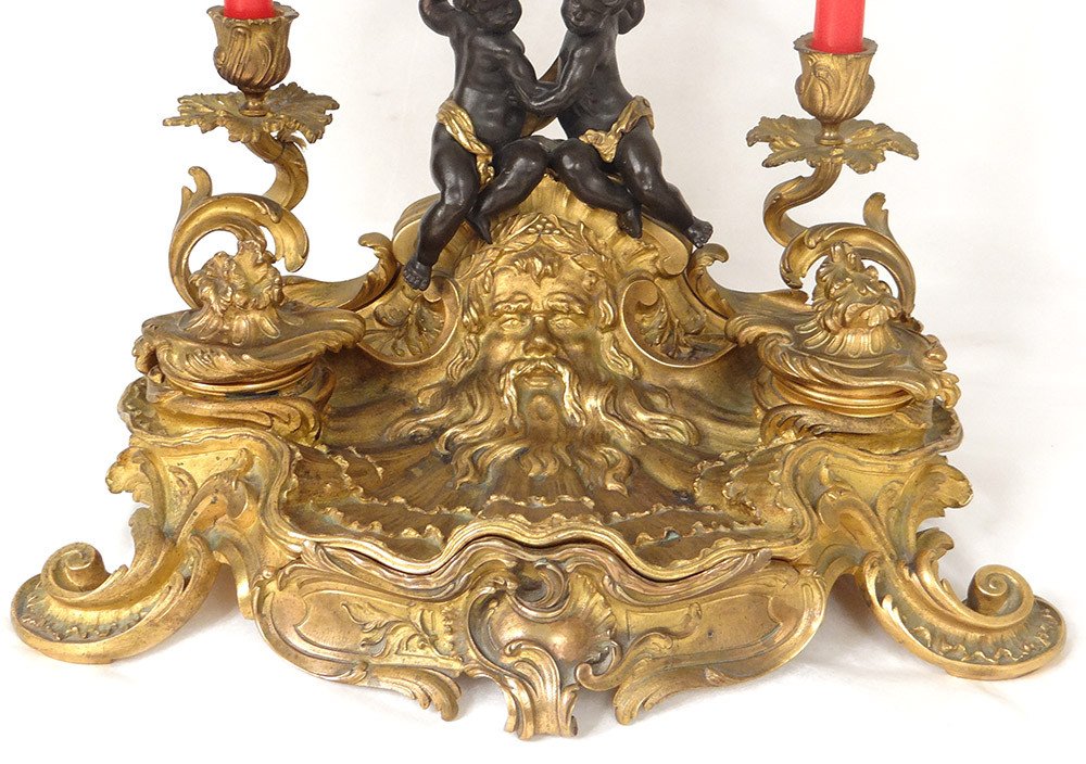 Encrier Louis XV Rocaille Bougeoirs Bronze Angelots Personnage 41cm XVIIIè-photo-3