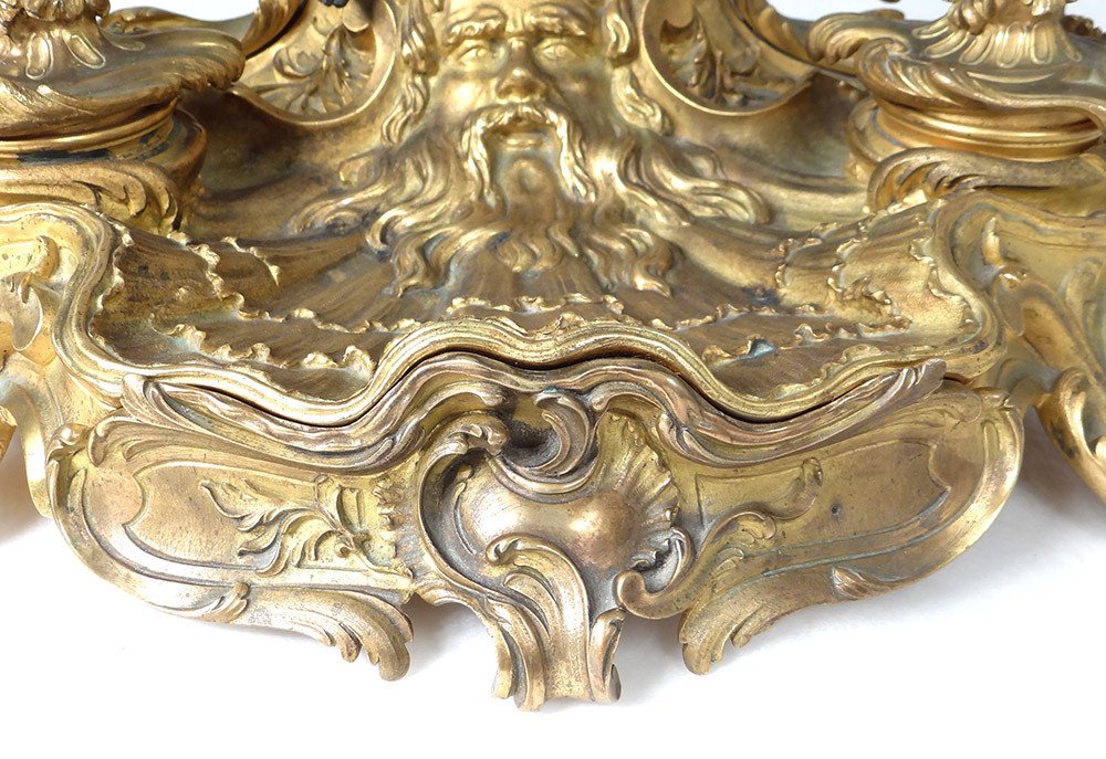 Encrier Louis XV Rocaille Bougeoirs Bronze Angelots Personnage 41cm XVIIIè-photo-4