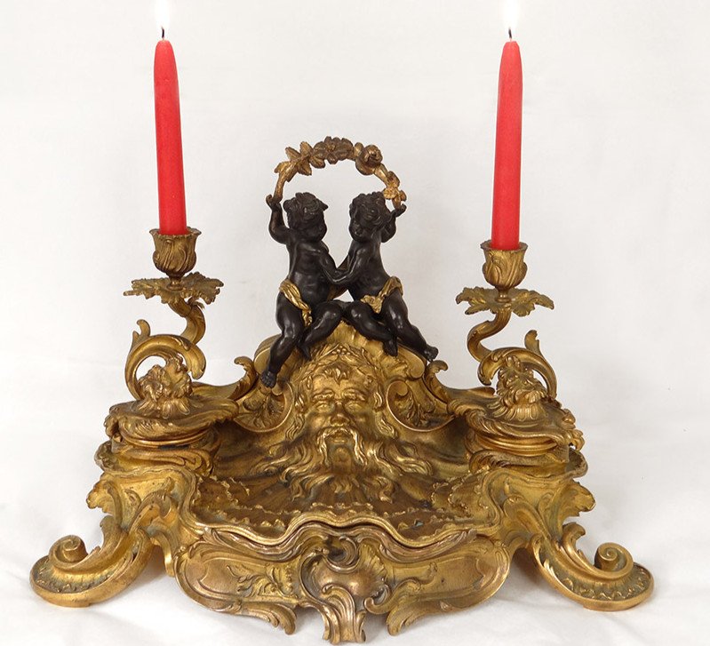 Encrier Louis XV Rocaille Bougeoirs Bronze Angelots Personnage 41cm XVIIIè