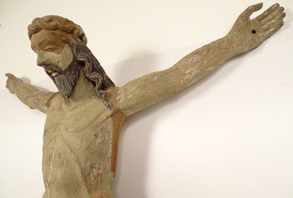 Large Statue Christ Crucifix Cross Carved Polychrome Wood 94cm XVIIth-photo-4