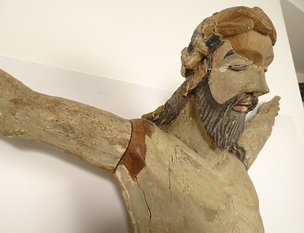 Large Statue Christ Crucifix Cross Carved Polychrome Wood 94cm XVIIth-photo-5