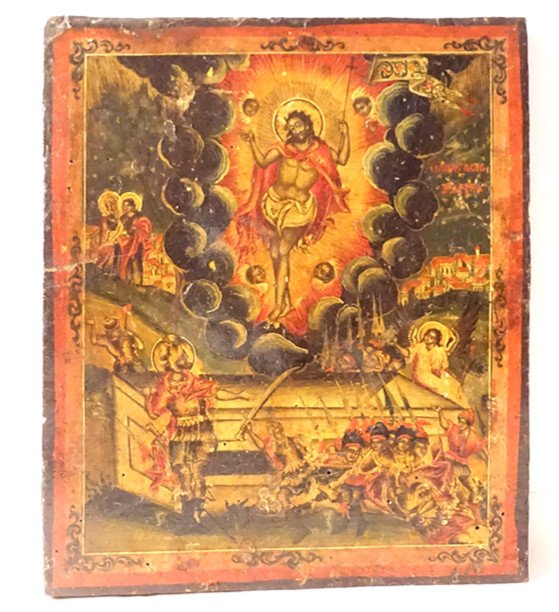Icône Grecque Byzantine Résurrection Christ Anastasis Soldats Anges XVIIème