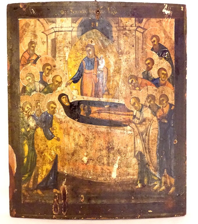 Icône Orthodoxe Russe HSP Dormition Vierge Marie Mère Dieu Apôtres XVIIIème