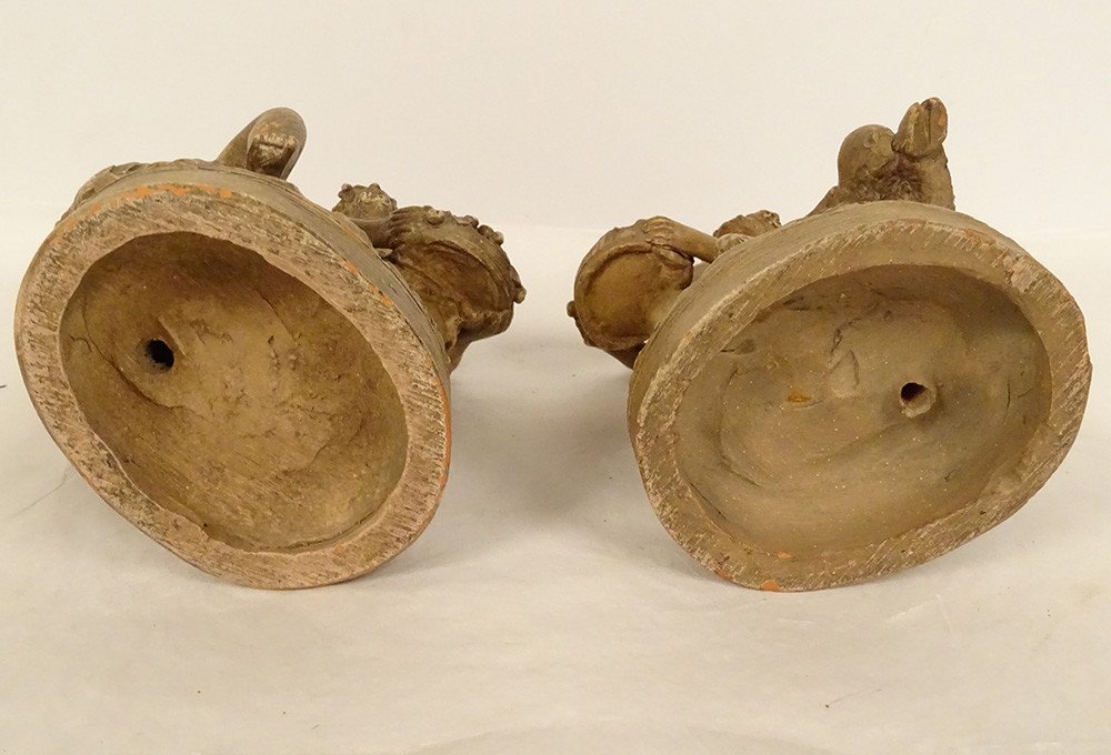 Paire Sculptures Terre Cuite Clodion Satyres Faunes Nymphes Bacchantes XIXè-photo-1