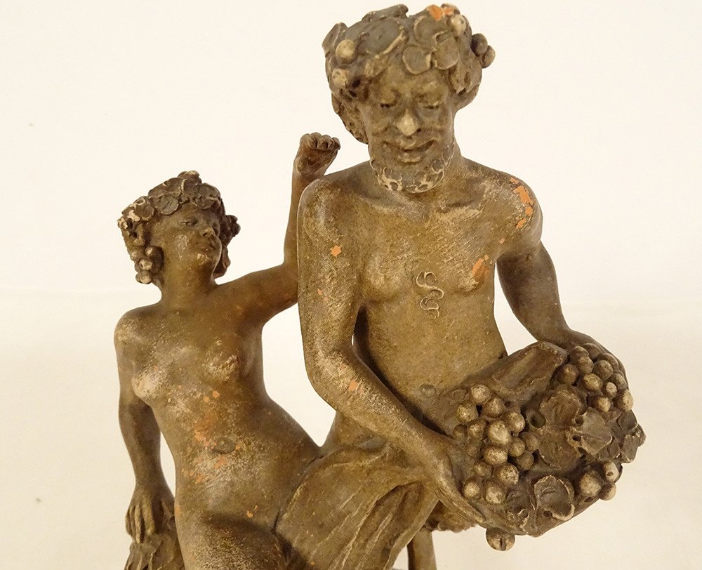 Paire Sculptures Terre Cuite Clodion Satyres Faunes Nymphes Bacchantes XIXè-photo-3