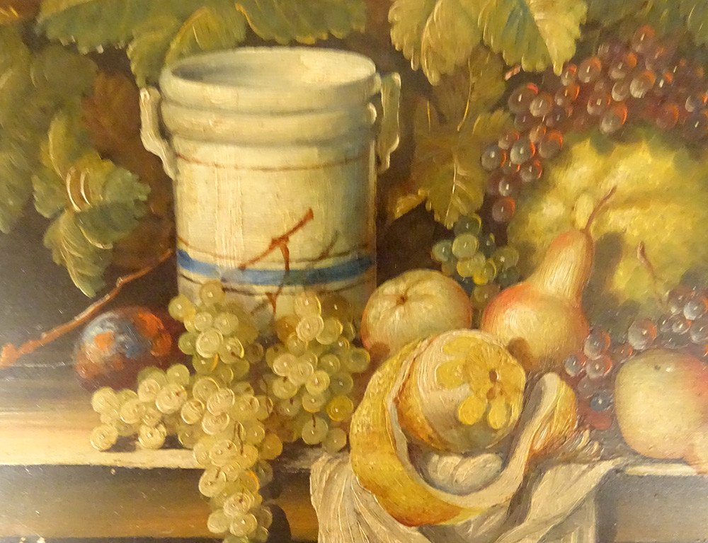 Hsc Painting Still Life Fruits Orange Bunches Grapes Pear Vine Nineteenth-photo-3