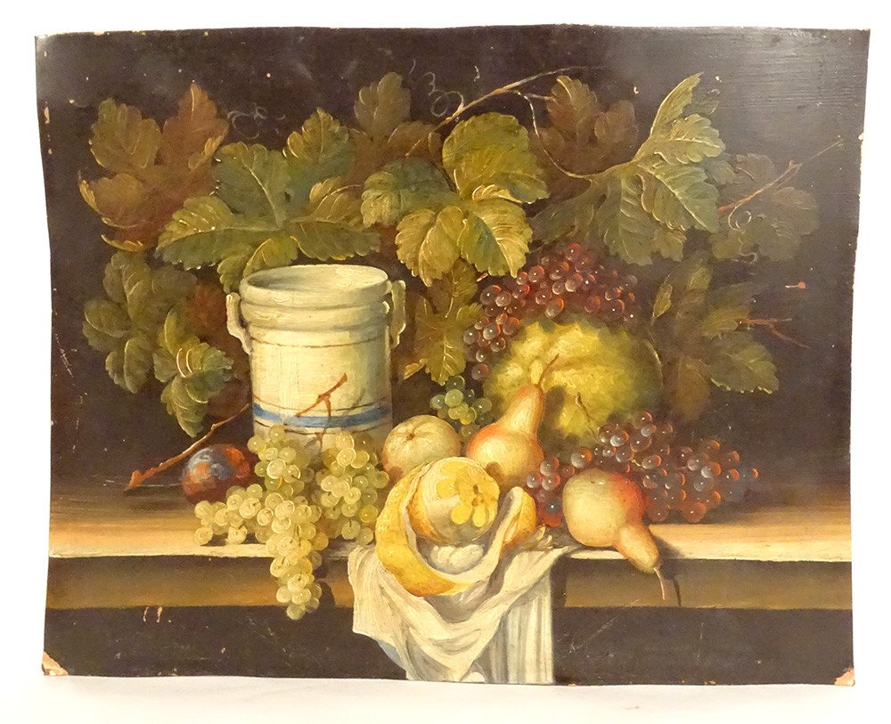 Hsc Painting Still Life Fruits Orange Bunches Grapes Pear Vine Nineteenth
