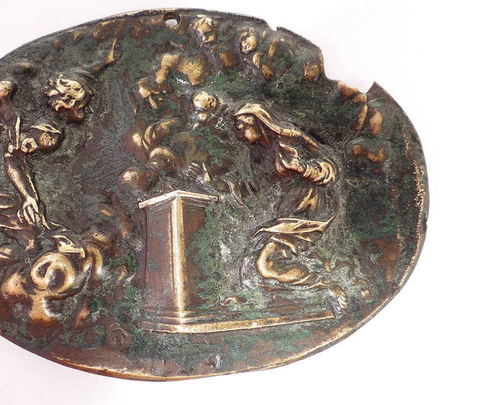 Oval Plaque Bronze Medal Annunciation Virgin Gabriel Italy XVIth-photo-1