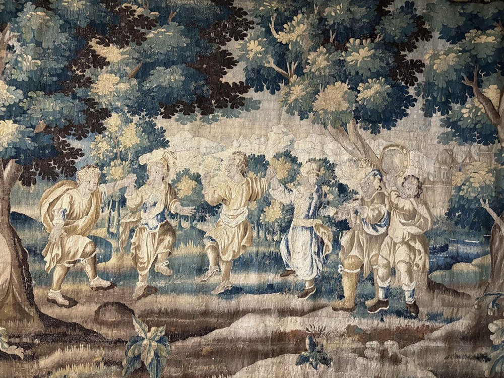 Large Aubusson Tapestry Characters Dance Landscape Castle Coat Of Arms XVIIth-photo-3