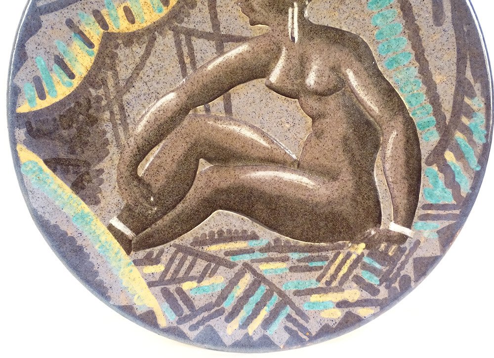 Large Sèvres Earthenware Dish André Naudy Africanist Decor Nude Woman Art Deco-photo-4