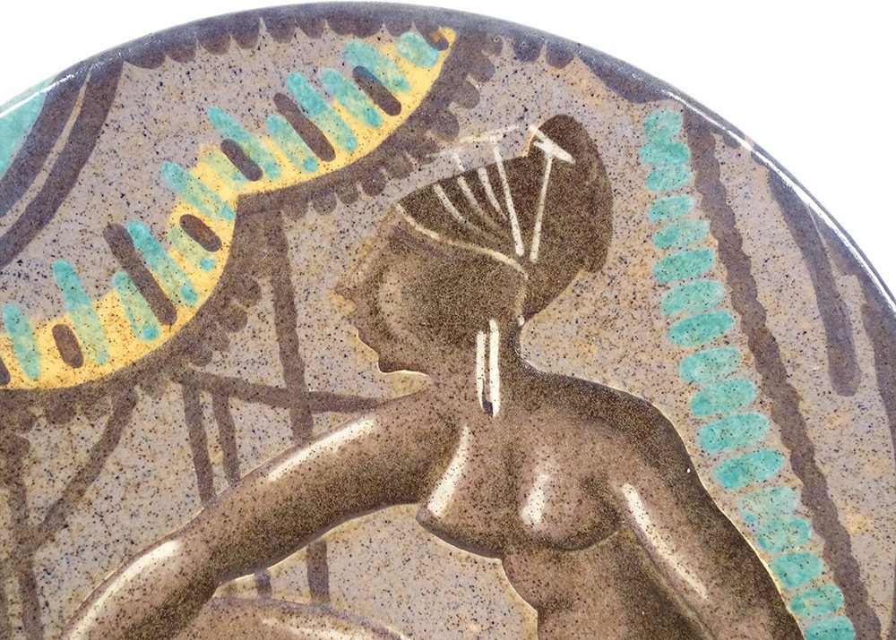 Large Sèvres Earthenware Dish André Naudy Africanist Decor Nude Woman Art Deco-photo-1