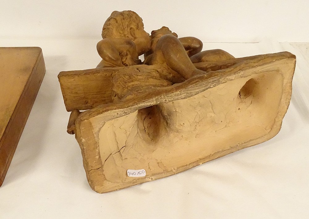 Terracotta Sculpture Emmanuel Villanis Childish Kiss Cherubs End Of 19th Century-photo-5