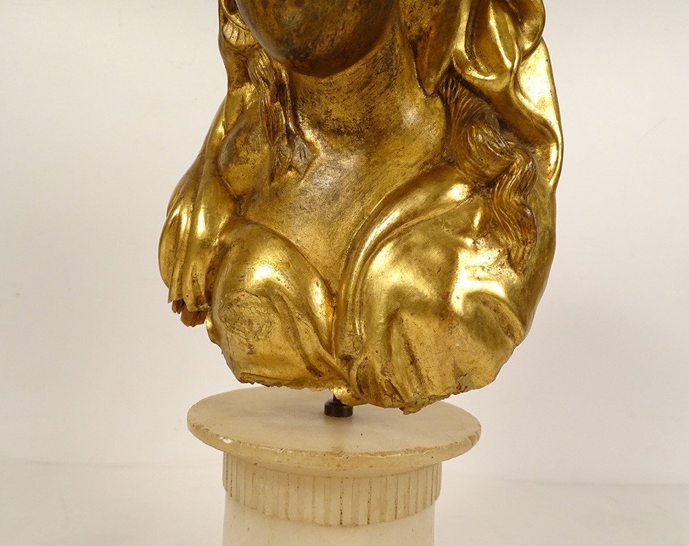 Sculpture Buste Jeune Femme Fleurs Bois Sculpté Doré Chinoiserie XVIIIème-photo-1