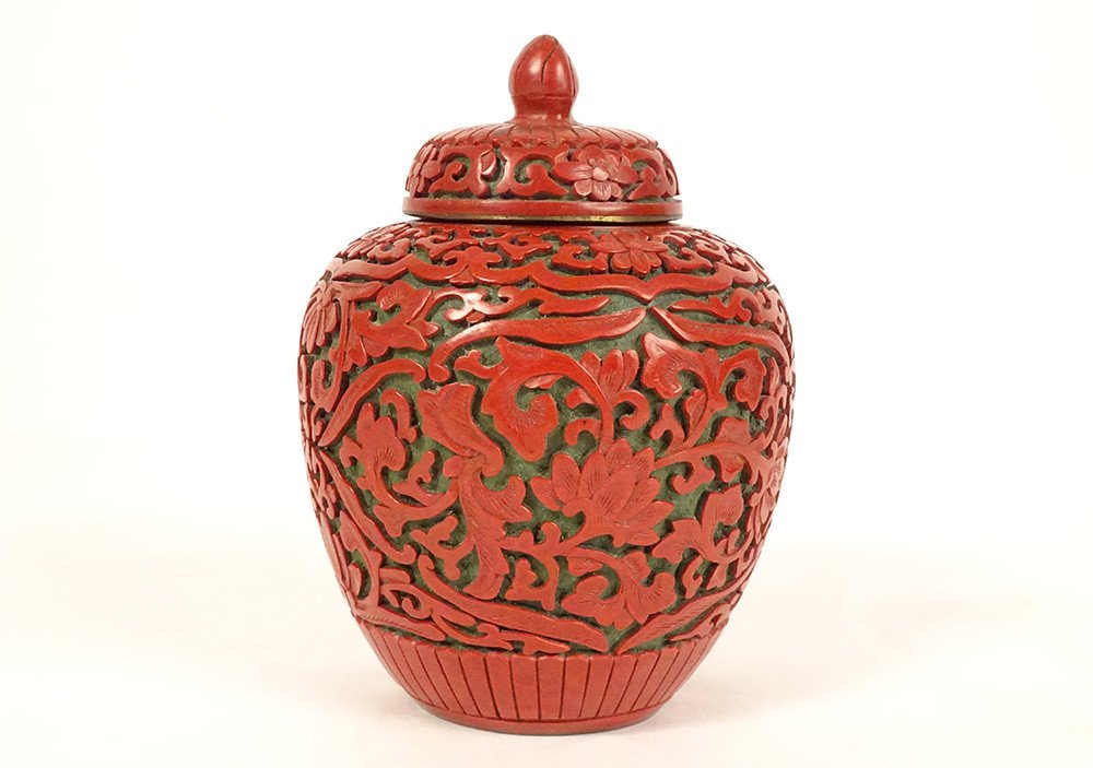 Petit Pot Couvert Chinois Laque De Cinabre Chine Fleurs Début XXème Siècle-photo-2