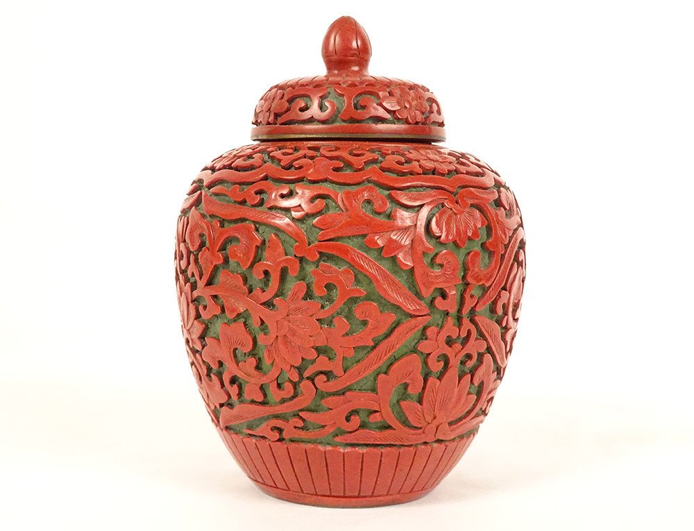 Petit Pot Couvert Chinois Laque De Cinabre Chine Fleurs Début XXème Siècle-photo-3