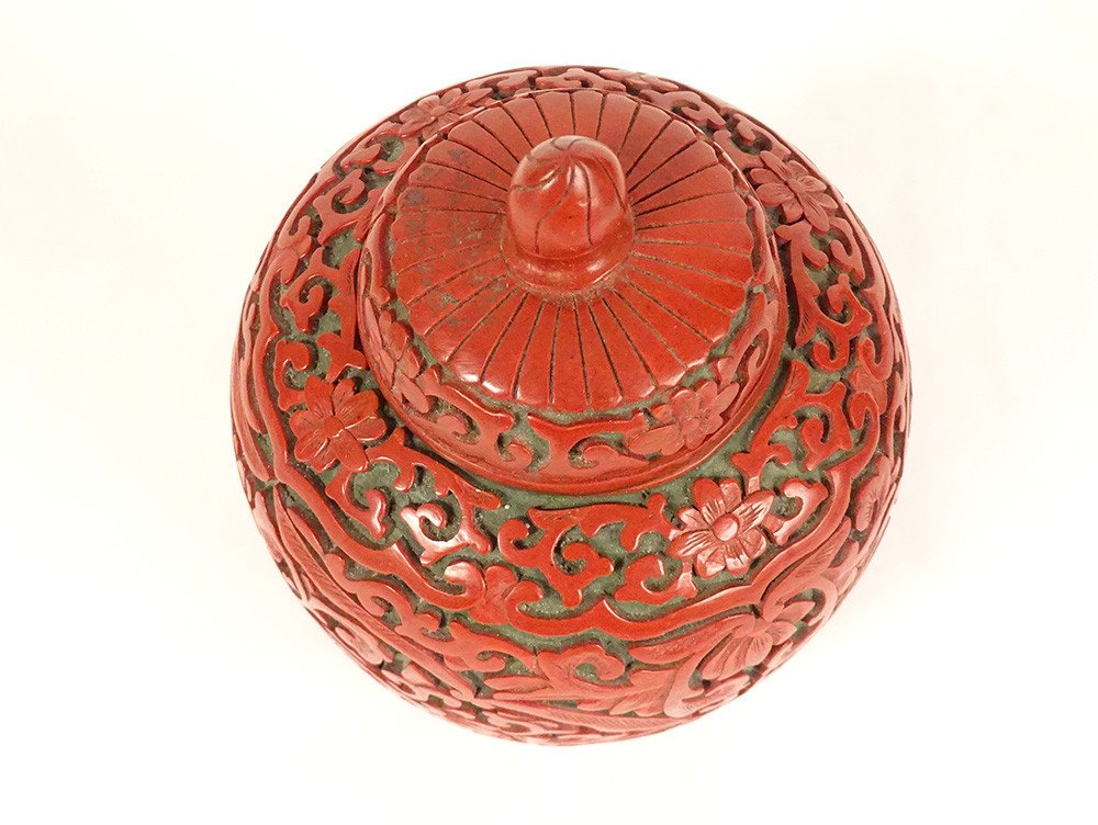Petit Pot Couvert Chinois Laque De Cinabre Chine Fleurs Début XXème Siècle-photo-4