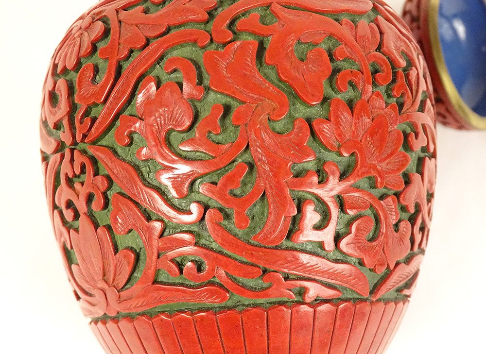 Petit Pot Couvert Chinois Laque De Cinabre Chine Fleurs Début XXème Siècle-photo-3