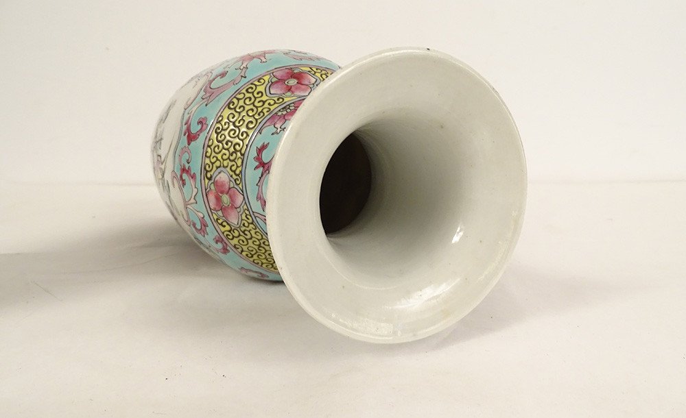 Pair Of Chinese Porcelain Baluster Vases Birds Flowers Double Circle 19th Century-photo-1