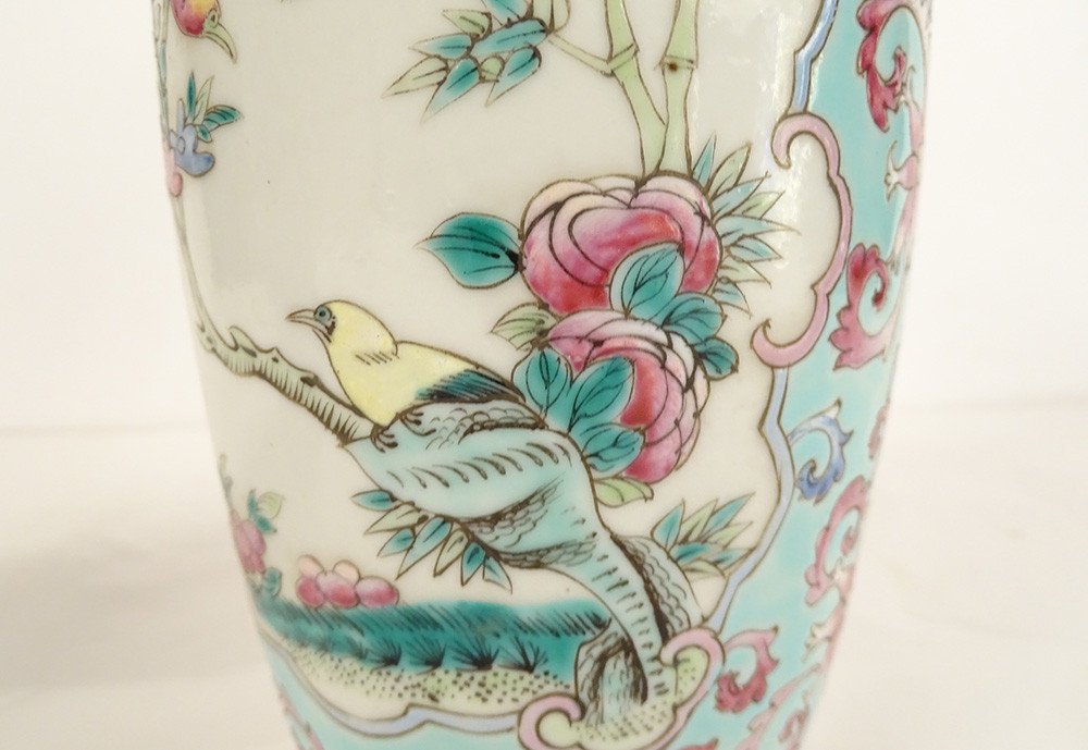 Pair Of Chinese Porcelain Baluster Vases Birds Flowers Double Circle 19th Century-photo-5