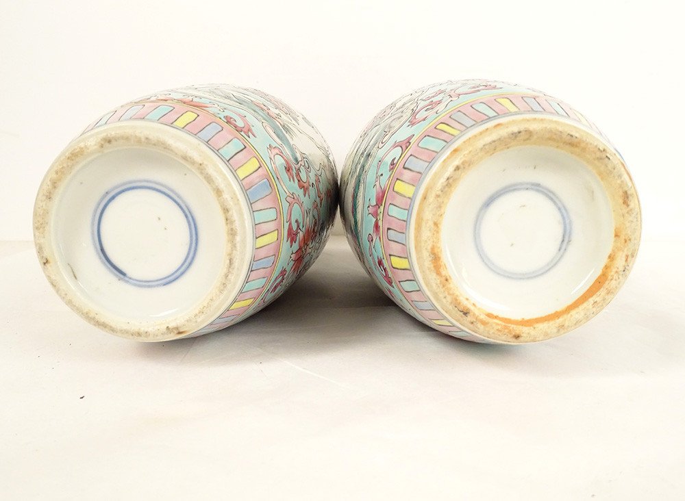 Pair Of Chinese Porcelain Baluster Vases Birds Flowers Double Circle 19th Century-photo-8