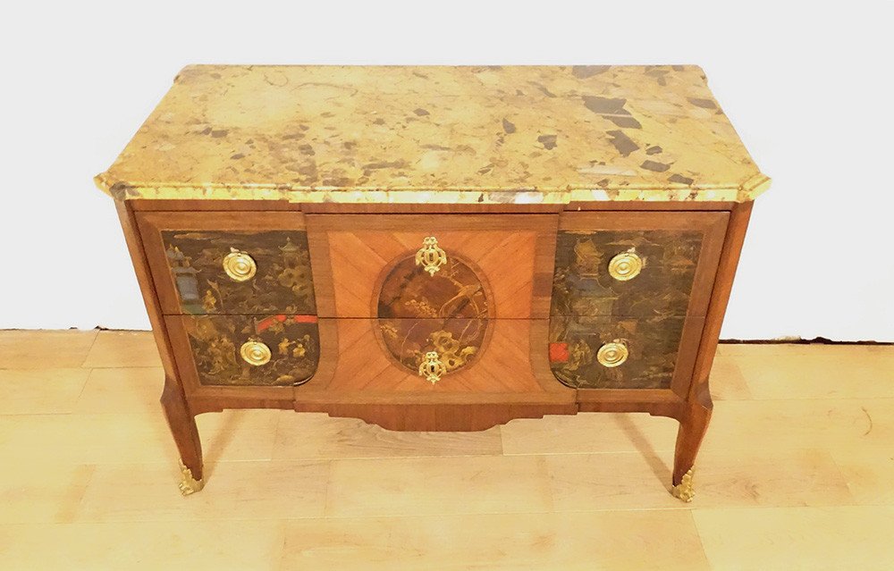 Commode Transition Marqueterie Panneaux Laque Chine Paysages Marbre XVIIIè-photo-2