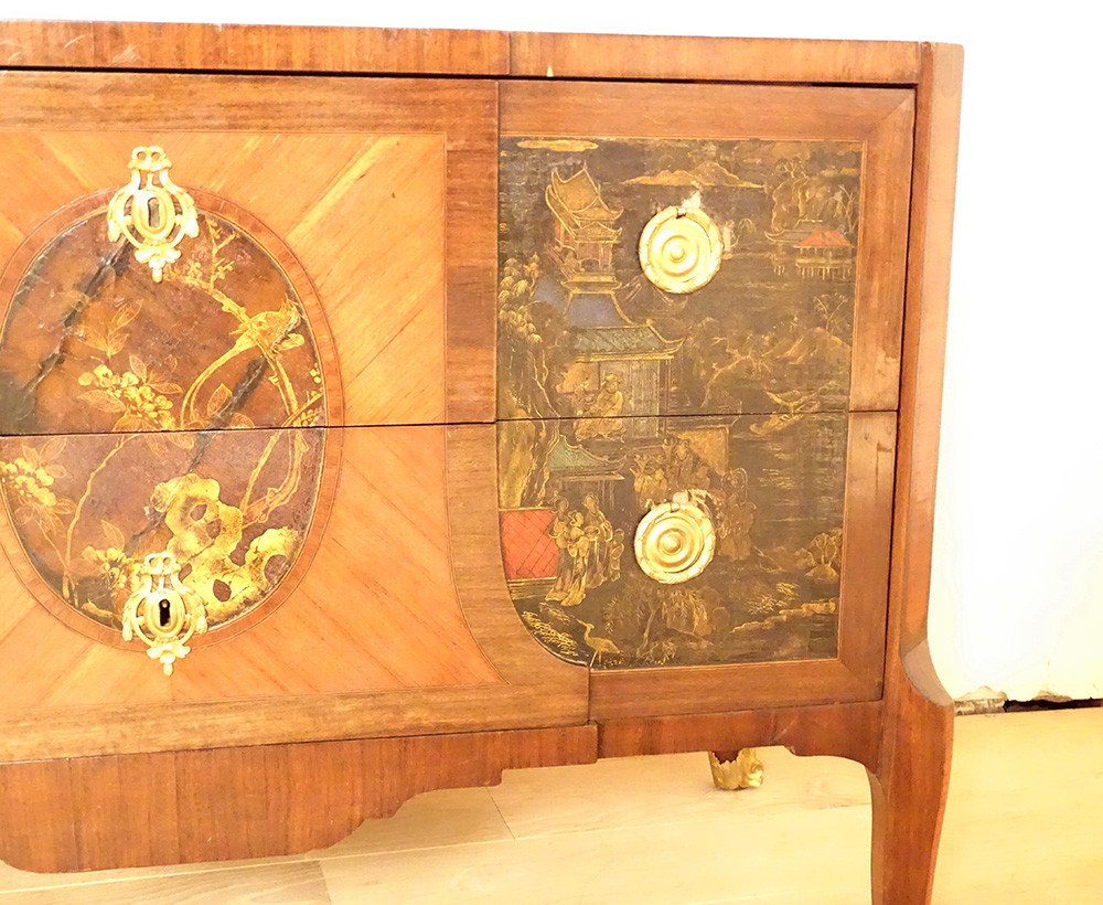Commode Transition Marqueterie Panneaux Laque Chine Paysages Marbre XVIIIè-photo-3