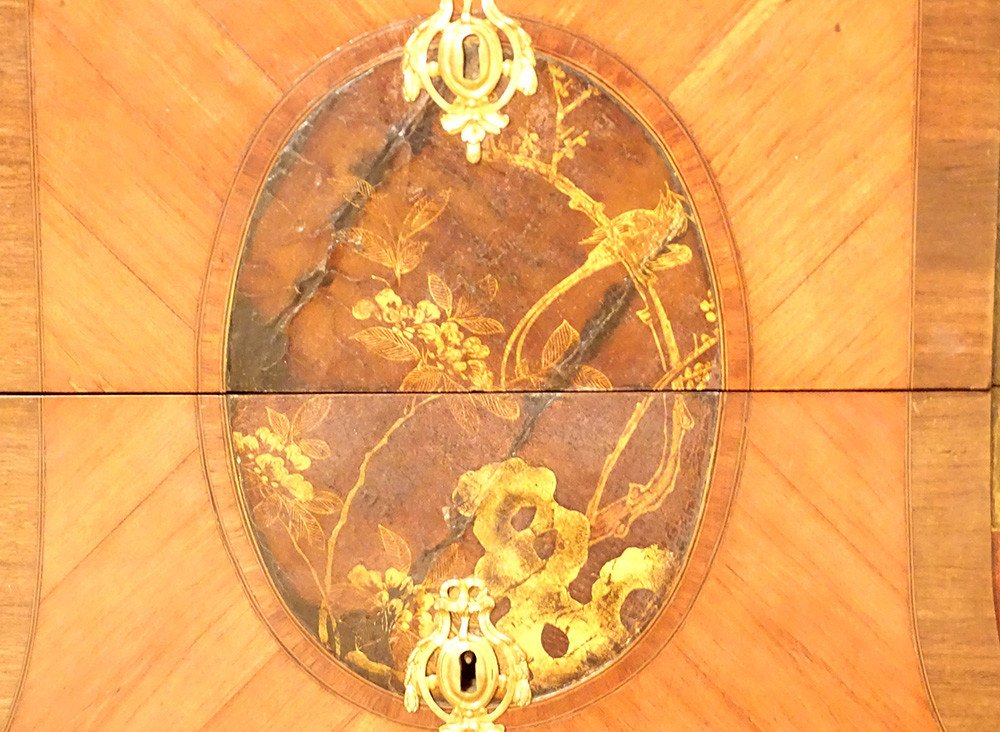 Commode Transition Marqueterie Panneaux Laque Chine Paysages Marbre XVIIIè-photo-4