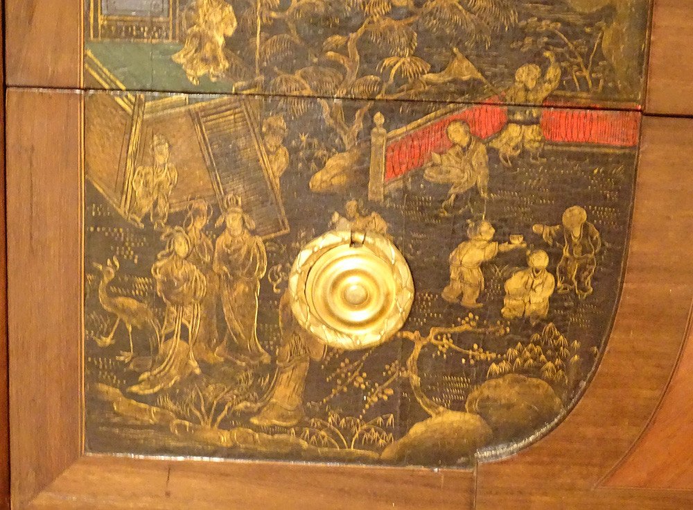 Commode Transition Marqueterie Panneaux Laque Chine Paysages Marbre XVIIIè-photo-1
