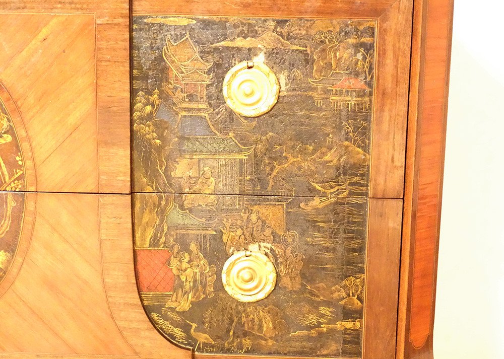 Commode Transition Marqueterie Panneaux Laque Chine Paysages Marbre XVIIIè-photo-2