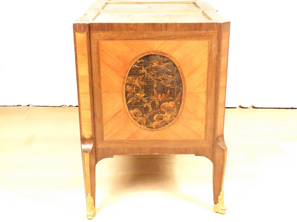 Commode Transition Marqueterie Panneaux Laque Chine Paysages Marbre XVIIIè-photo-4