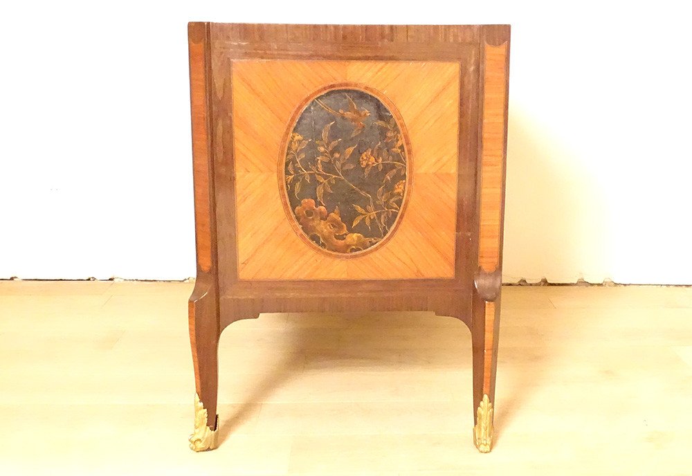 Commode Transition Marqueterie Panneaux Laque Chine Paysages Marbre XVIIIè-photo-5