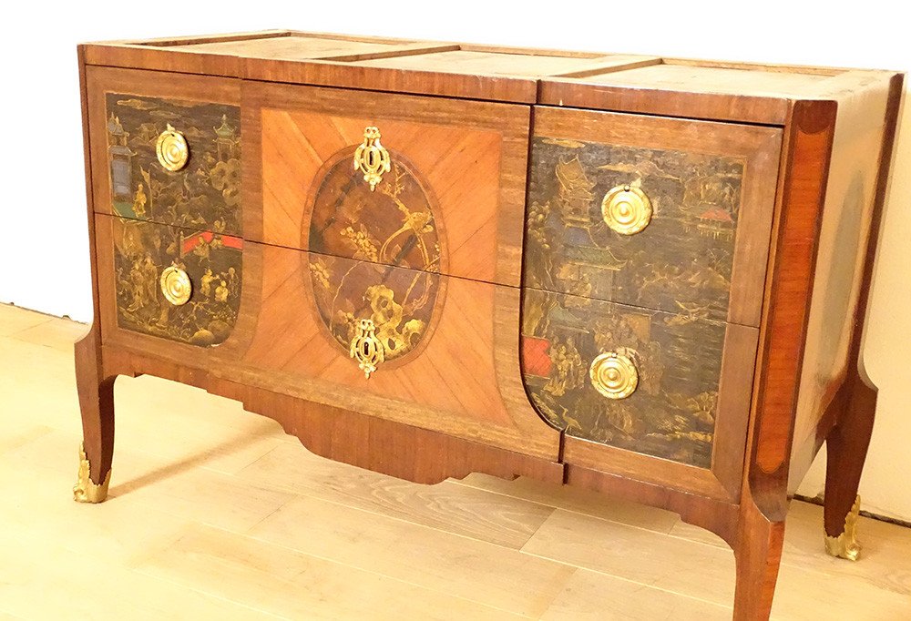 Commode Transition Marqueterie Panneaux Laque Chine Paysages Marbre XVIIIè-photo-7