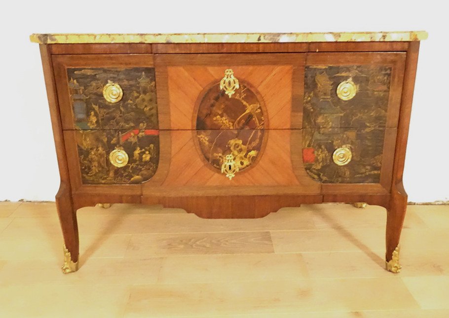 Commode Transition Marqueterie Panneaux Laque Chine Paysages Marbre XVIIIè