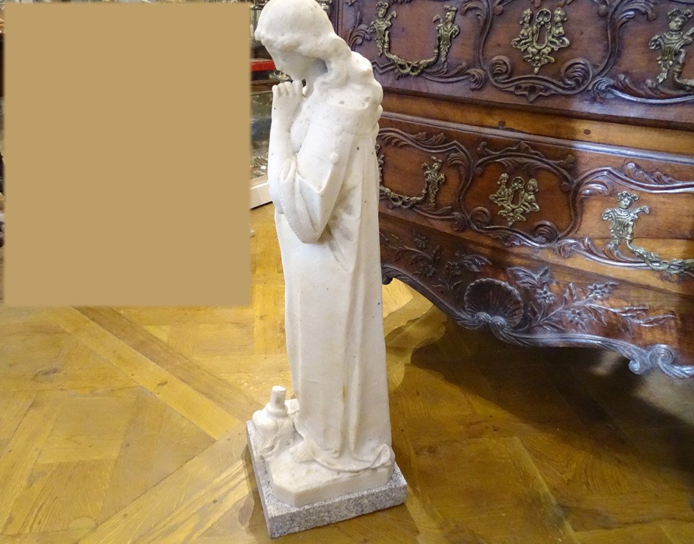Large White Marble Sculpture Pensive Woman Torch Art Nouveau Late 19th Century-photo-4