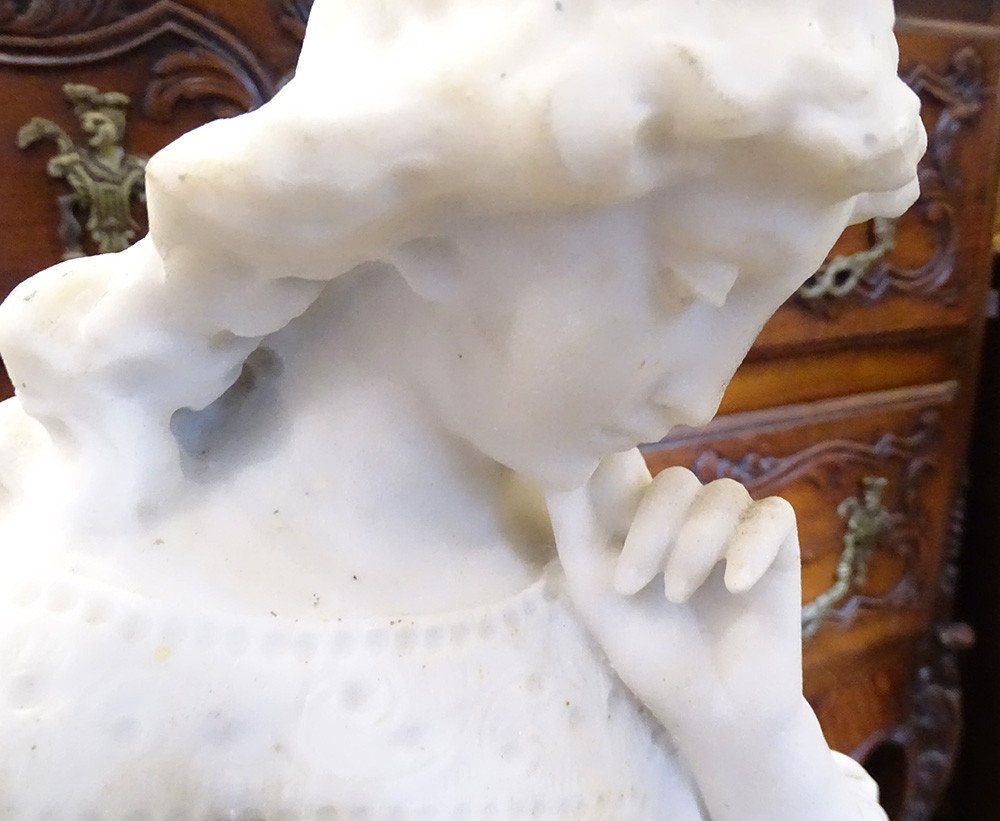 Large White Marble Sculpture Pensive Woman Torch Art Nouveau Late 19th Century-photo-2