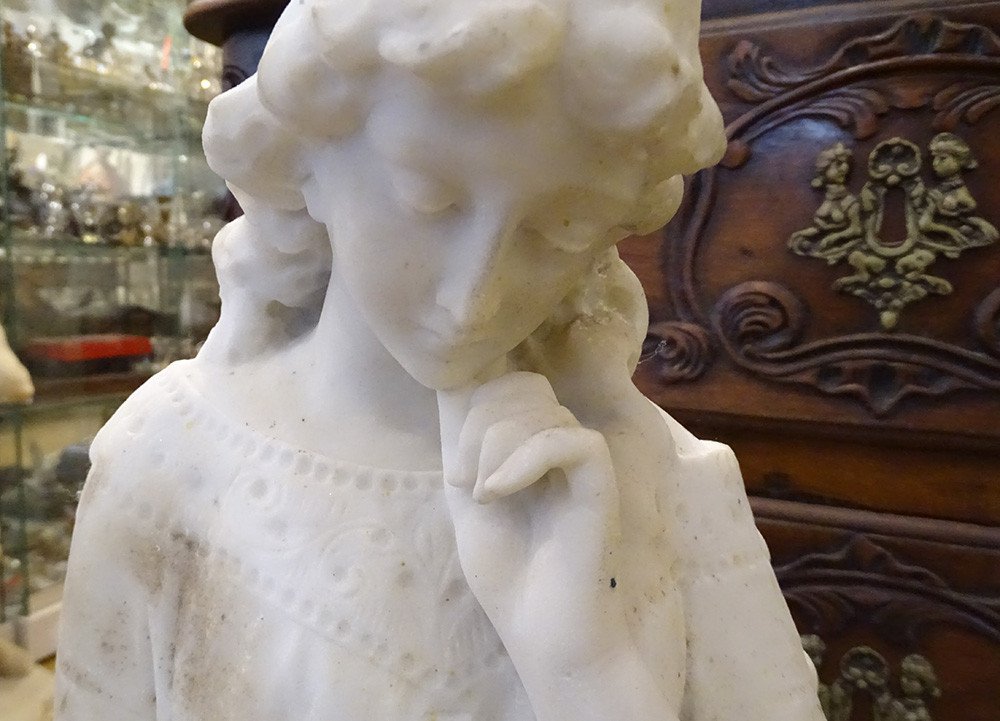 Large White Marble Sculpture Pensive Woman Torch Art Nouveau Late 19th Century-photo-3