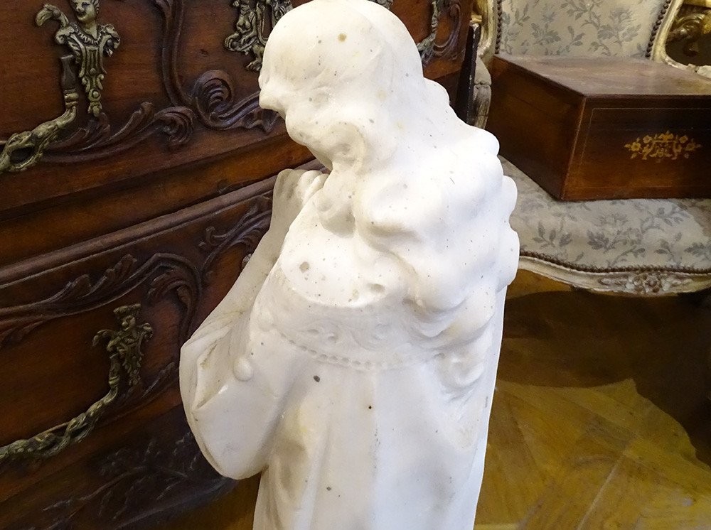 Large White Marble Sculpture Pensive Woman Torch Art Nouveau Late 19th Century-photo-5