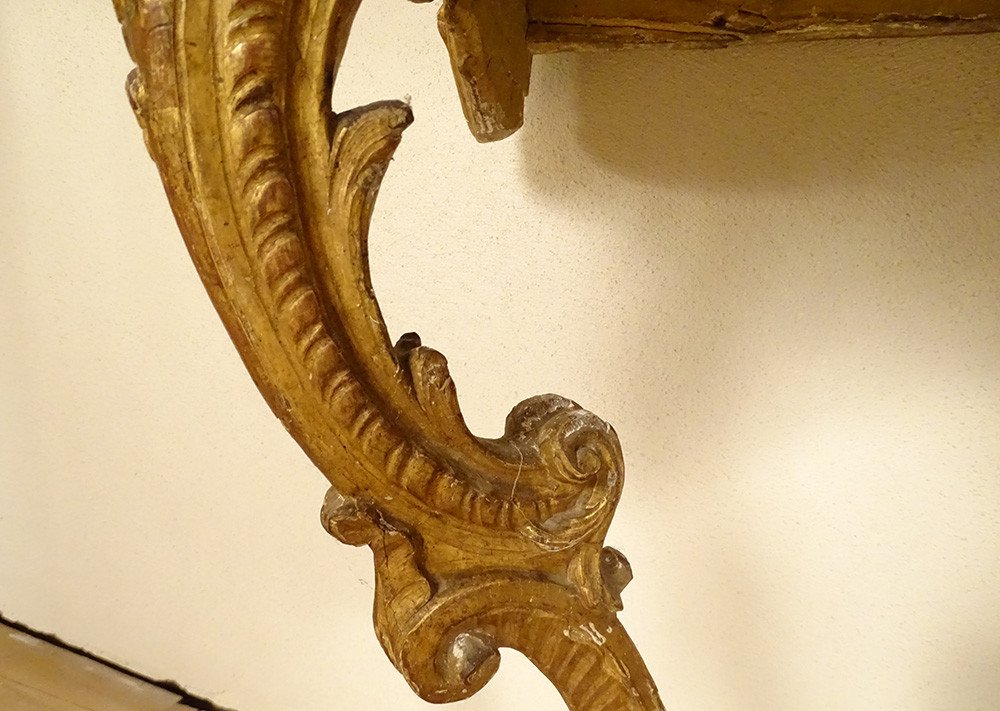 Louis XV Console Carved Wood Gilded Rocaille Shell Marble 18th Century-photo-2