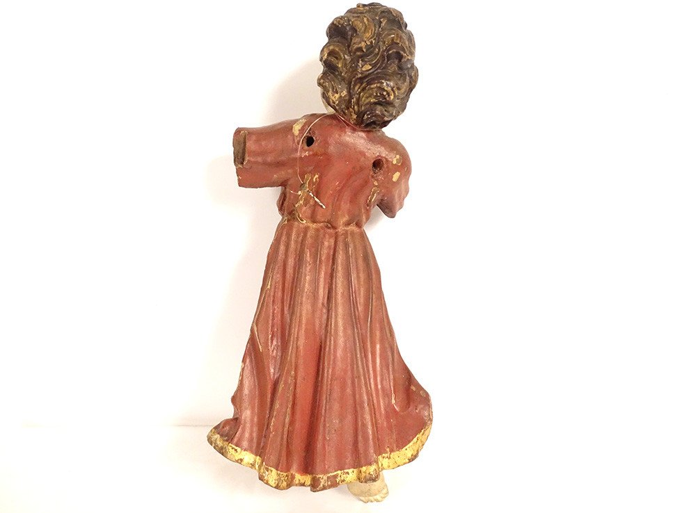 Polychrome Carved Wood Statuette Cherub Angel End Of 18th Century-photo-4
