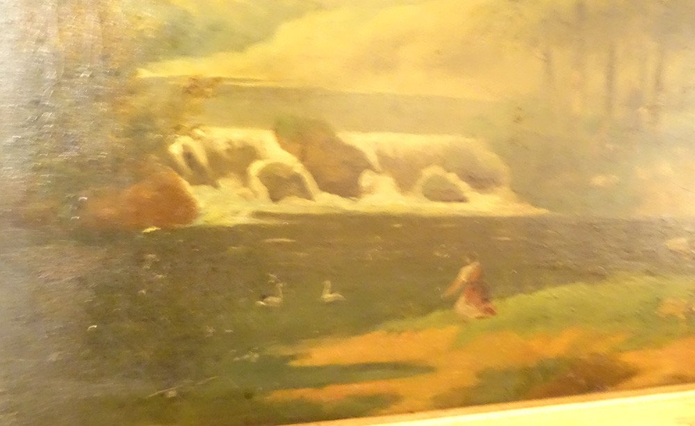 Large Hst Romantic Landscape Characters Shepherds Ruins River 19th Century-photo-3