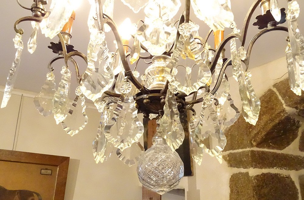 Lustre 6 Feux Bronze Cristal Taillé Pampilles Pendeloques Couteaux XIXème-photo-6