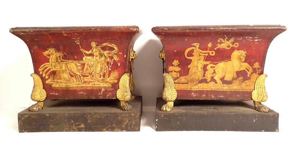 Pair Of Empire Planters Painted Sheet Metal Gilding Gods Mythological Chariots 19th Century