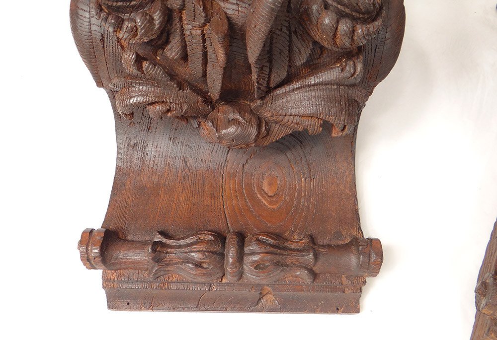 Paire Consoles d'applique Bois Sculpté Têtes Angelots Putti Feuillage XIXè-photo-4