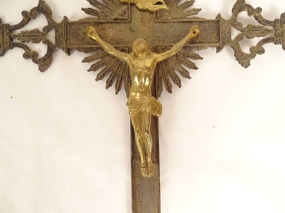Croix de Procession Crucifix Christ Vierge Bronze Doré Argenté XIXè Siècle-photo-3