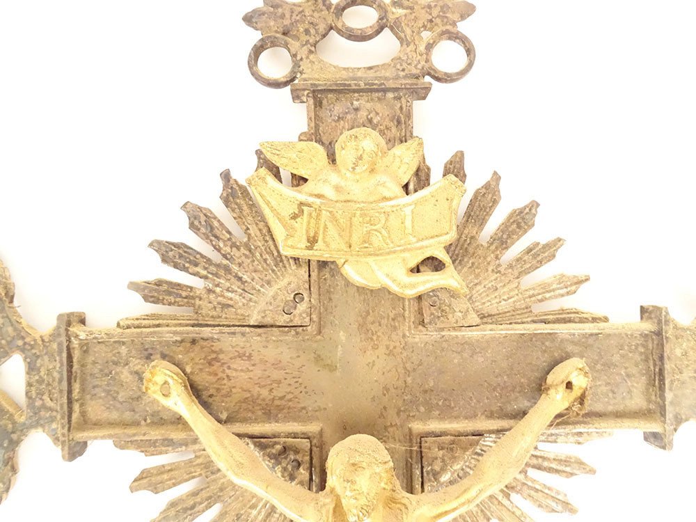 Croix de Procession Crucifix Christ Vierge Bronze Doré Argenté XIXè Siècle-photo-4