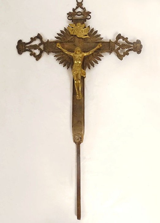 Croix de Procession Crucifix Christ Vierge Bronze Doré Argenté XIXè Siècle
