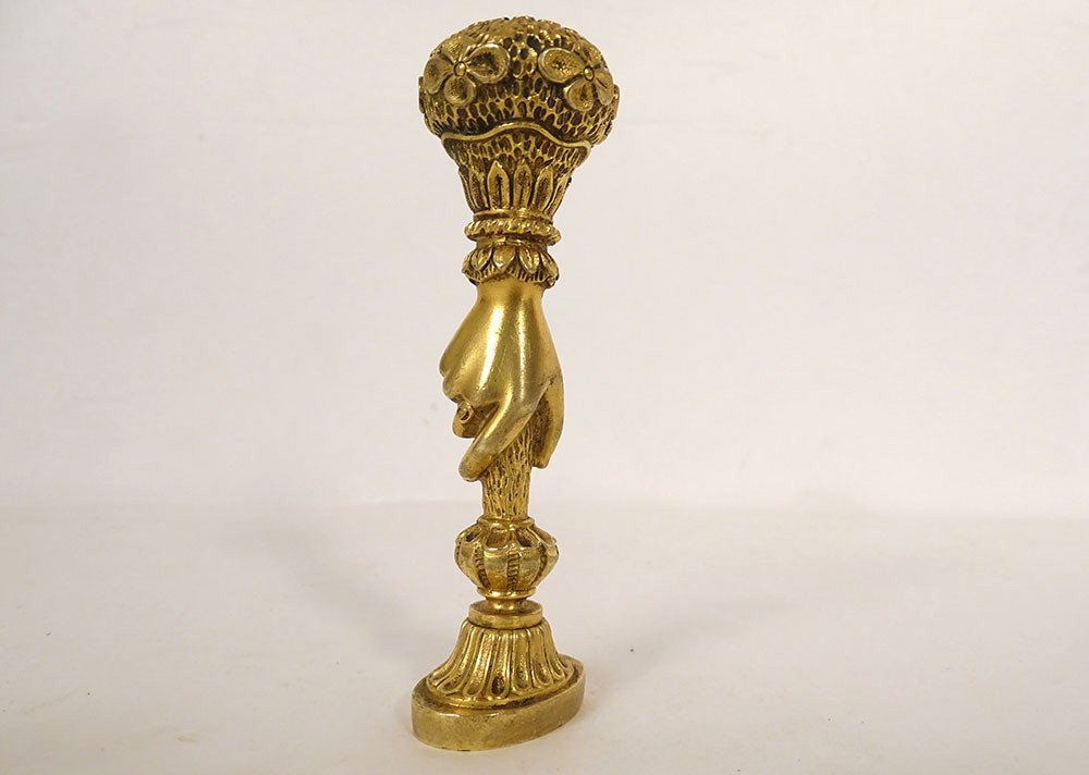 Seal Stamp Gilded Bronze Hand Ring Flowers Delbrouck End Of 19th Century-photo-3
