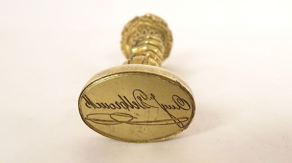 Seal Stamp Gilded Bronze Hand Ring Flowers Delbrouck End Of 19th Century-photo-7