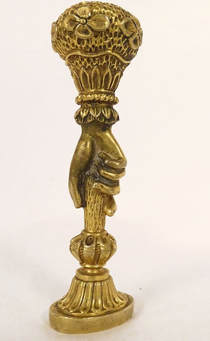 Seal Stamp Gilded Bronze Hand Ring Flowers Delbrouck End Of 19th Century