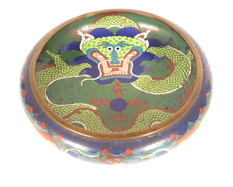 Coupe Bronze émaux Cloisonnés Dragons 5 Griffes Perle Sacrée Chine XIXème